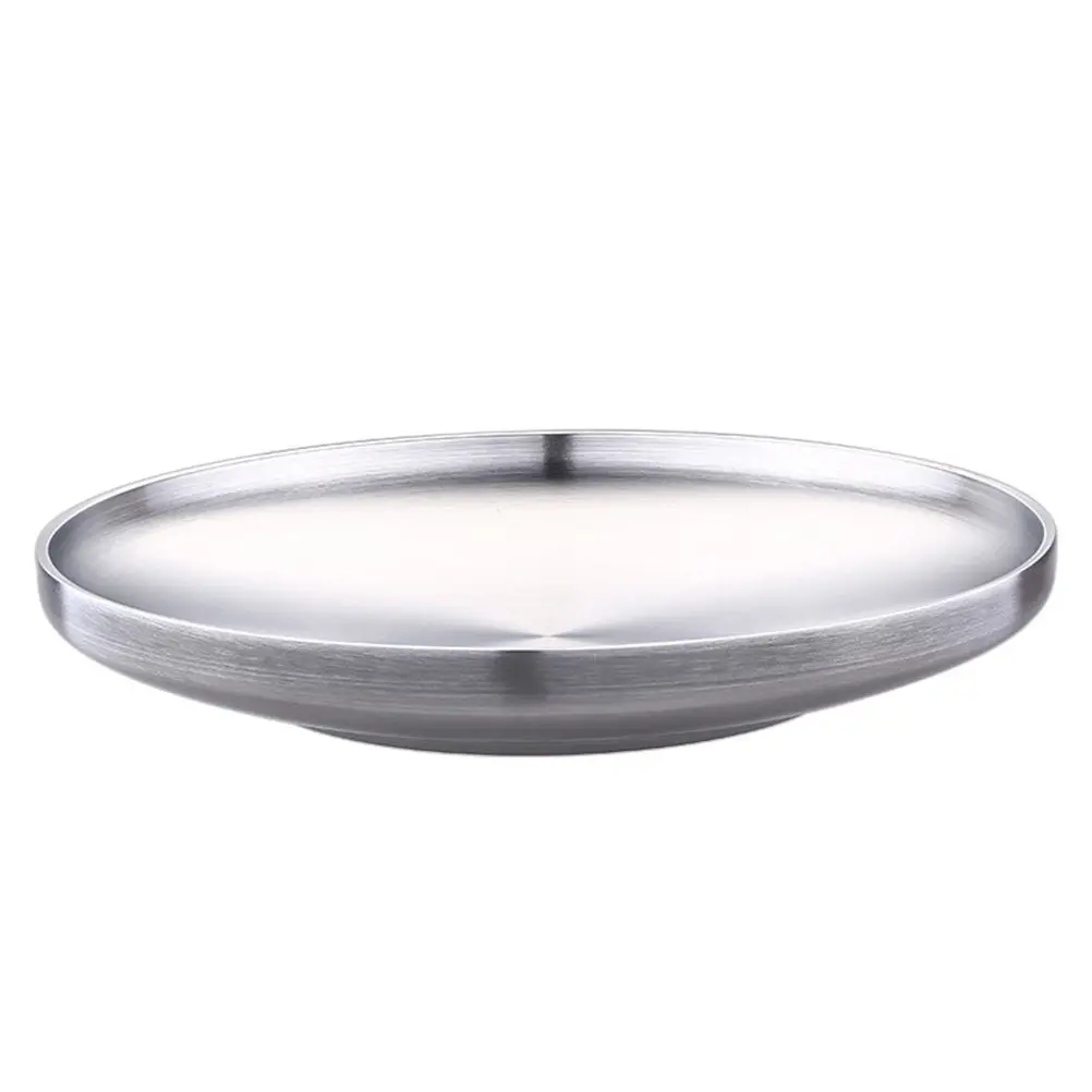 304 Stainless Steel Round Shallow Plate Double Wall Dish 17Cm Wire Drawing Finish Heat Insulation Dinner Plate