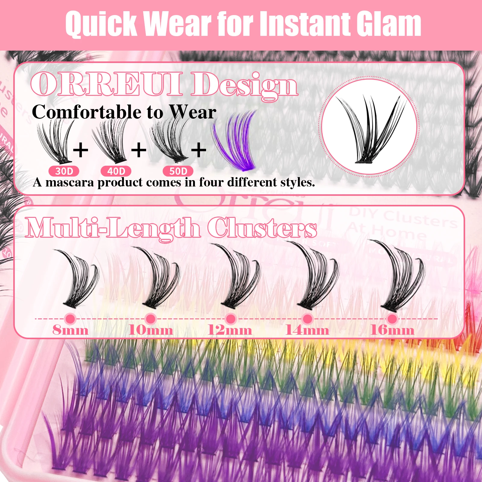 Orreu 640pcs Lash Clusters Kit 60D 40D 50D Natural & Colored D Curl 8-16mm DIY Individual Eyelash Extensions All-in-One Lash Boo