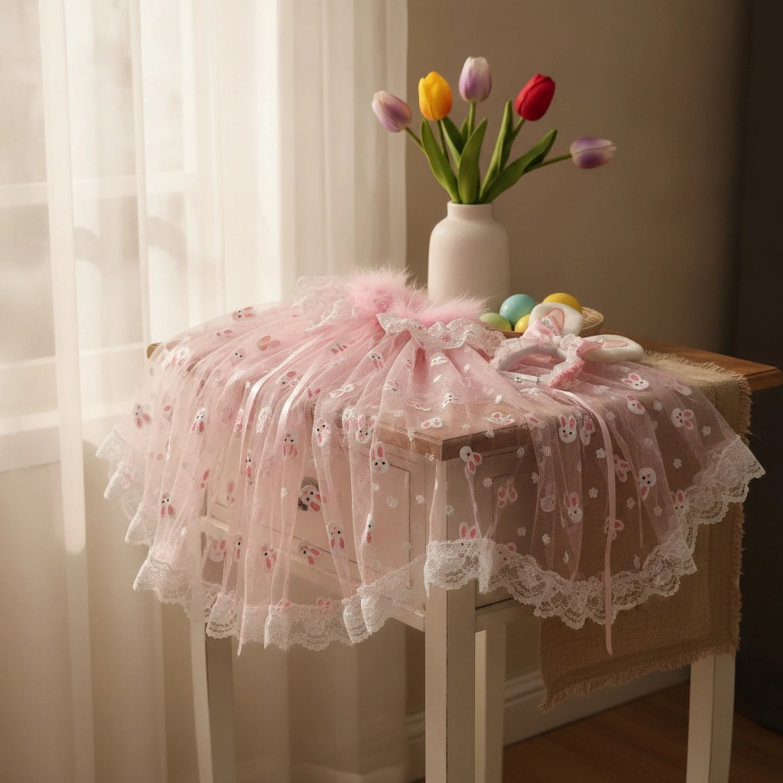 Goose Costume with Bunny Ears Pink Goose Costume with Bunny Ear Hat Clothes Ruffled Decorations Transparent for Homeowners view 4