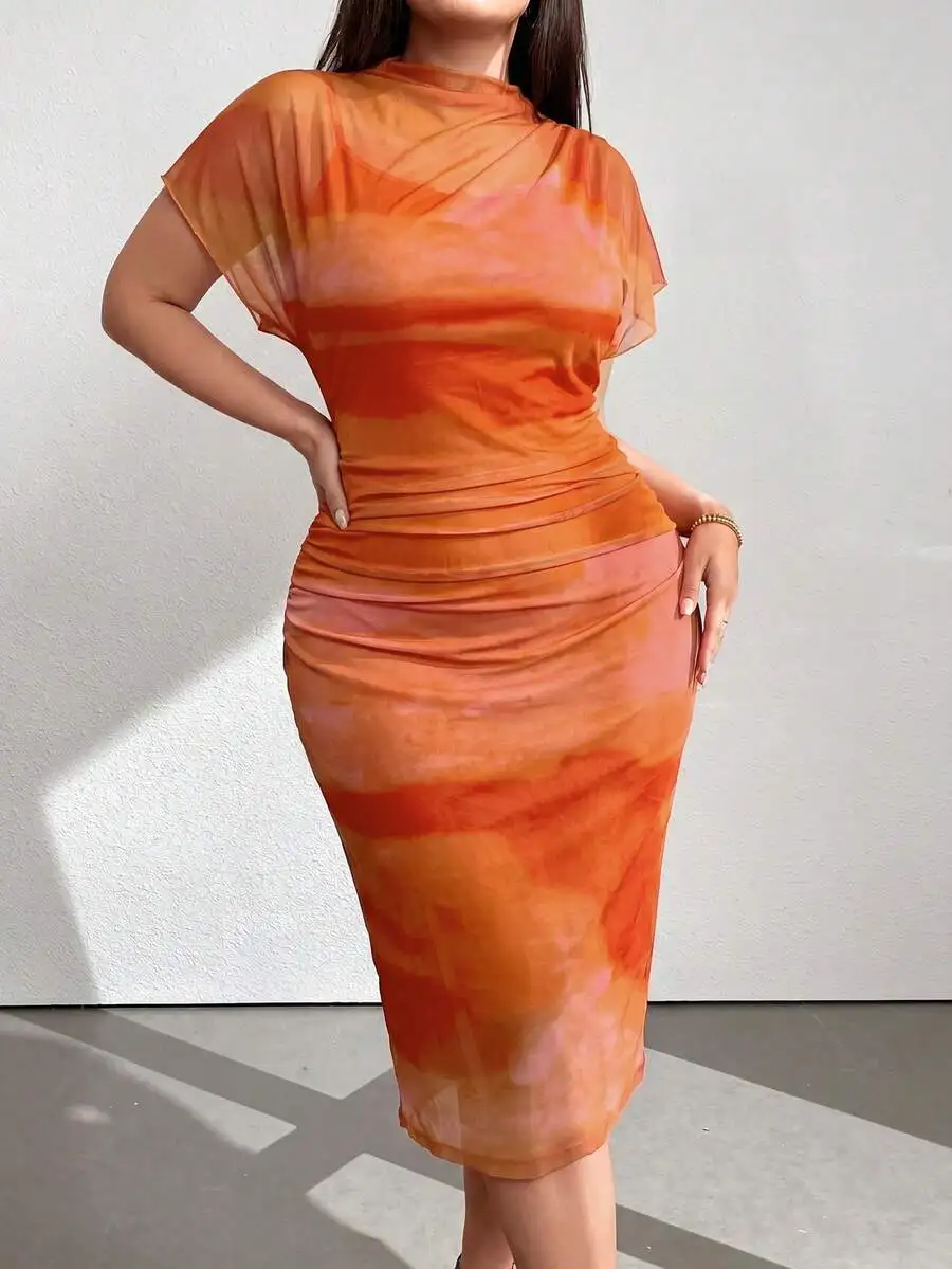 

Orange Tie Dye Sheath Dress With Short Sleeve And Draped Neckline For Women Summer