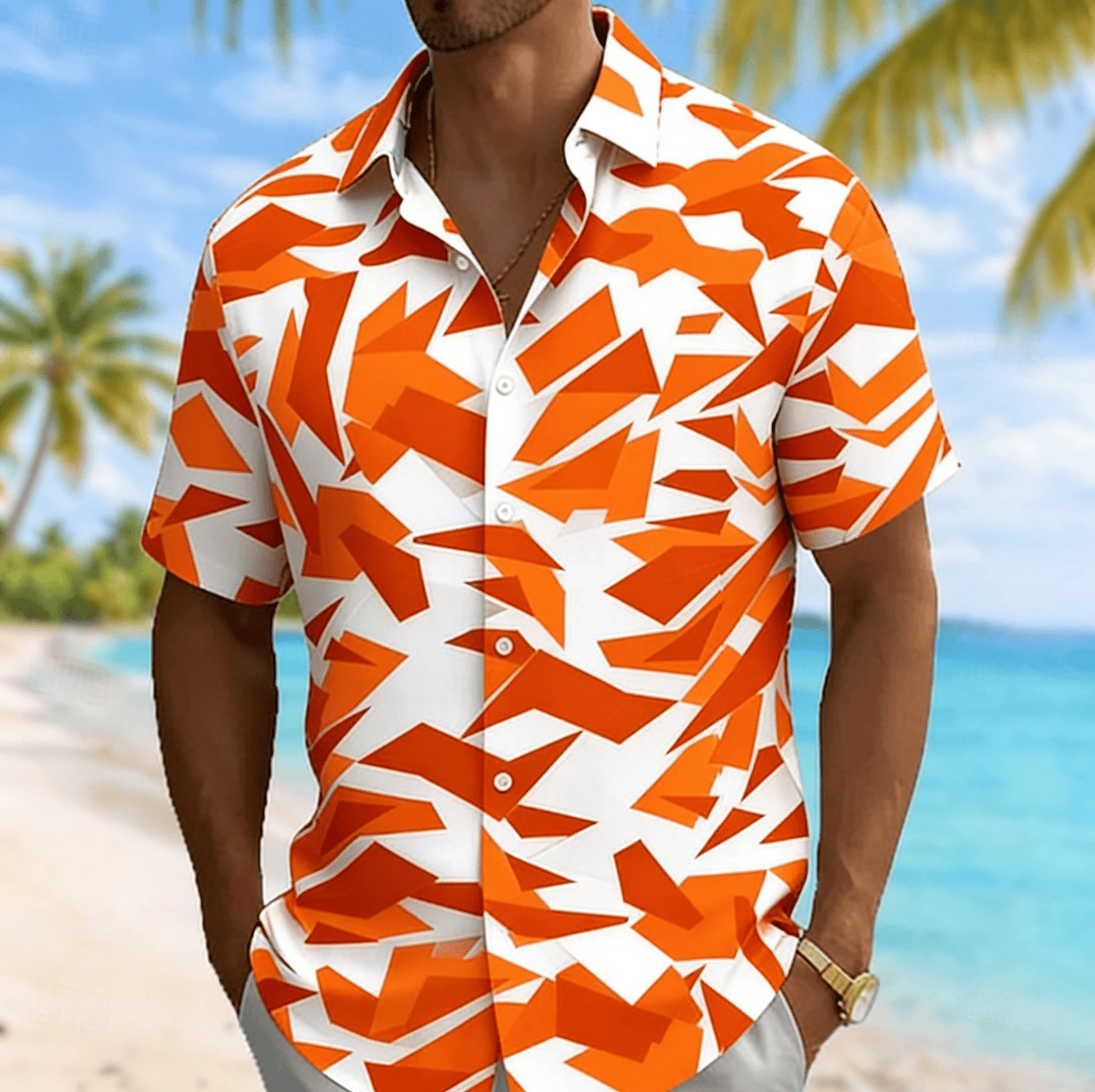 Men's Color Block Irregular Geometric Print Short Sleeve Shirt, Summer Casual Vacation Turn-Down Collar Blouse, Loose Fit Top