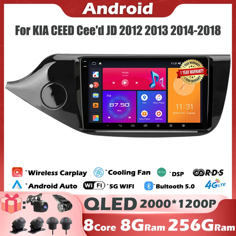 

9" IPS/QLED 2000*1200P Car Radio For KIA CEED Cee'd JD 2012 2013 2014-2018 Android 14 Multimedia Player Navigation GPS Head Unit