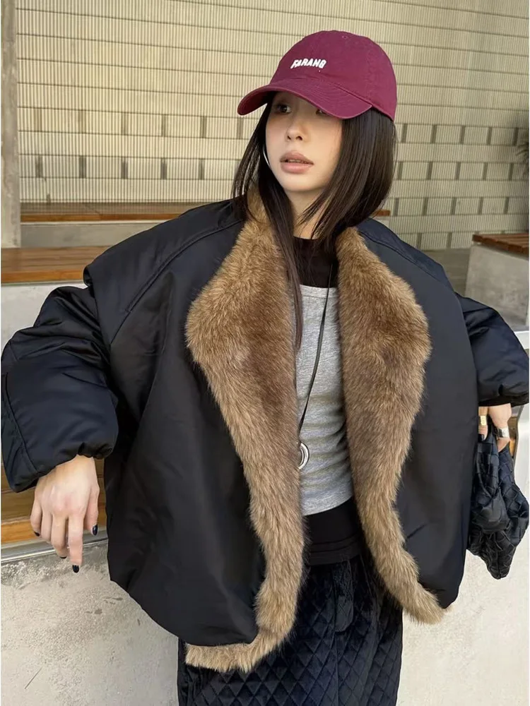 

Casual Contrast Color Fake Fur Collar down Cotton Jaet Women Winter Faion Loose Thi Warm ort Sle tail Coat