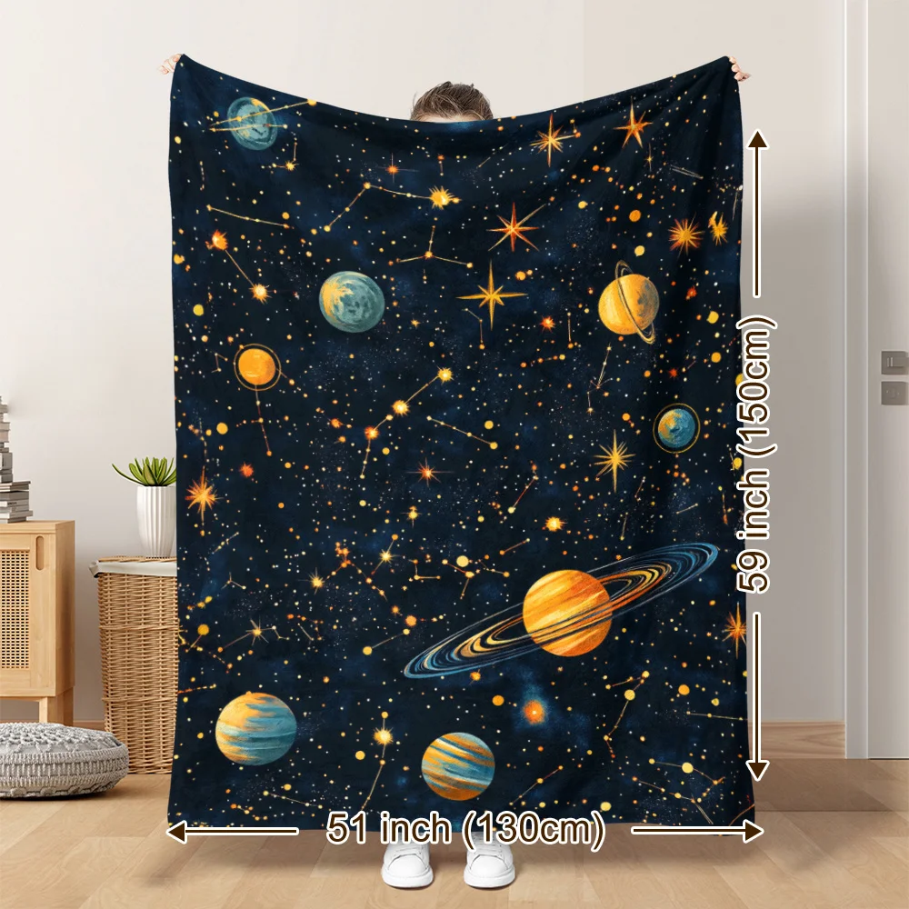 Cozy Universe-Themed Flannel Blanket with Vibrant Planets Stars Design Soft Warm and Lightweight for Home Decor Travel Camping