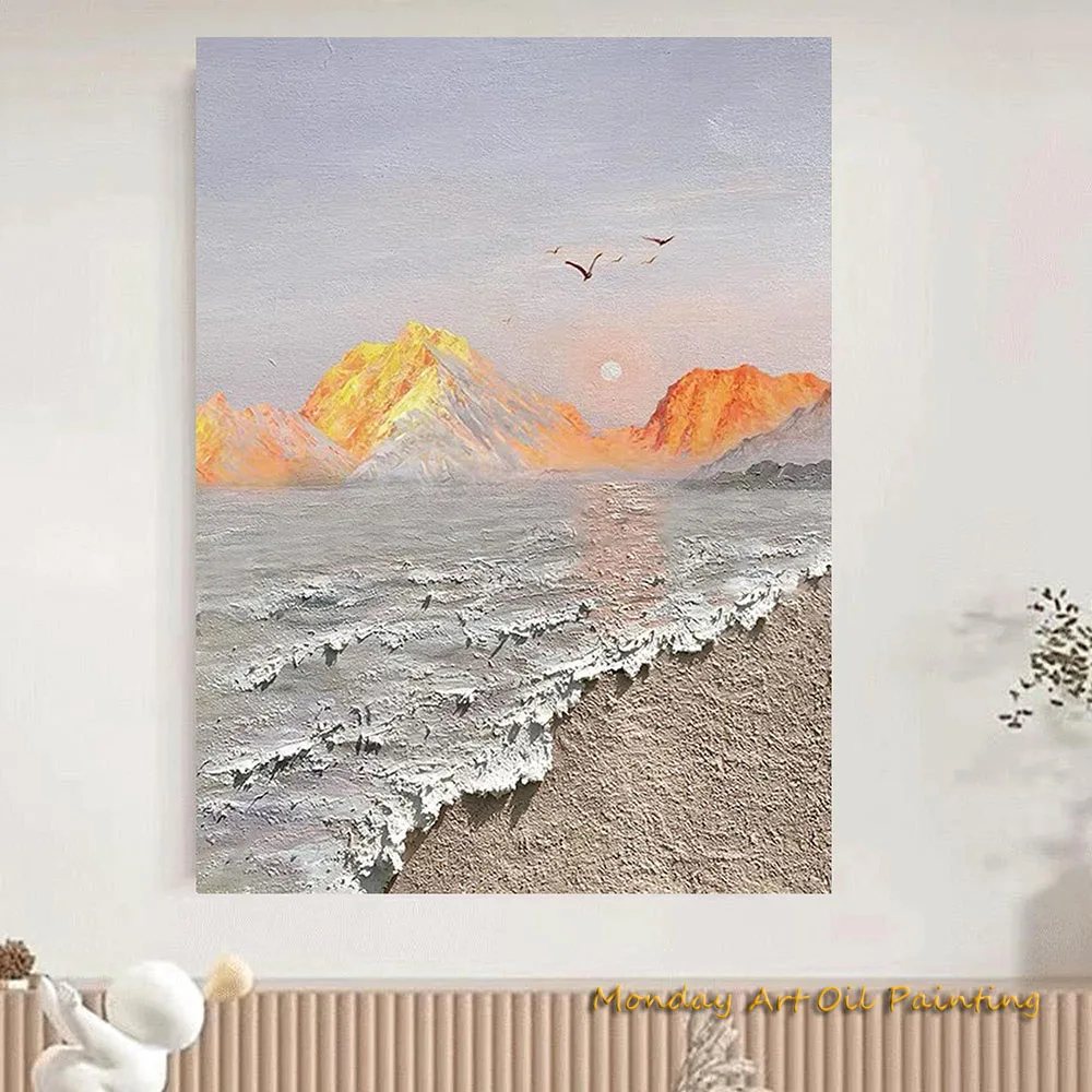 Original Hand Painted Sunrise Ocean Large Canvas Coast Oil Painting Sea Landscape Palette Bedroom Home Decor Christmas gift