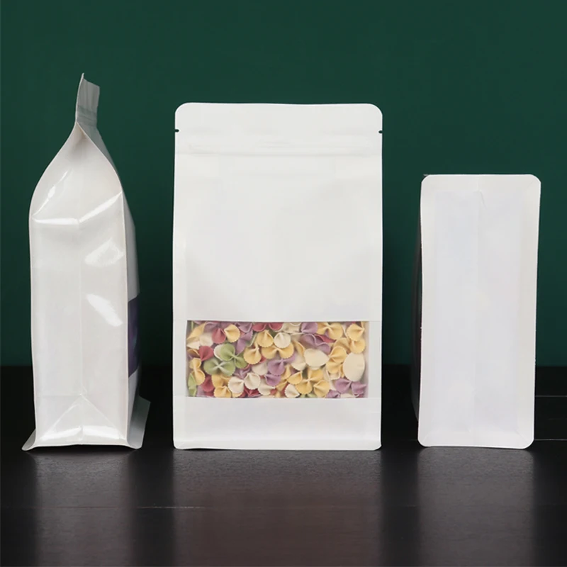 

Customized Printing Kraft Paper Eight Sided Sealed Window Bag For Oereal, Pasta, Nuts, Biscuit Packaging Bags