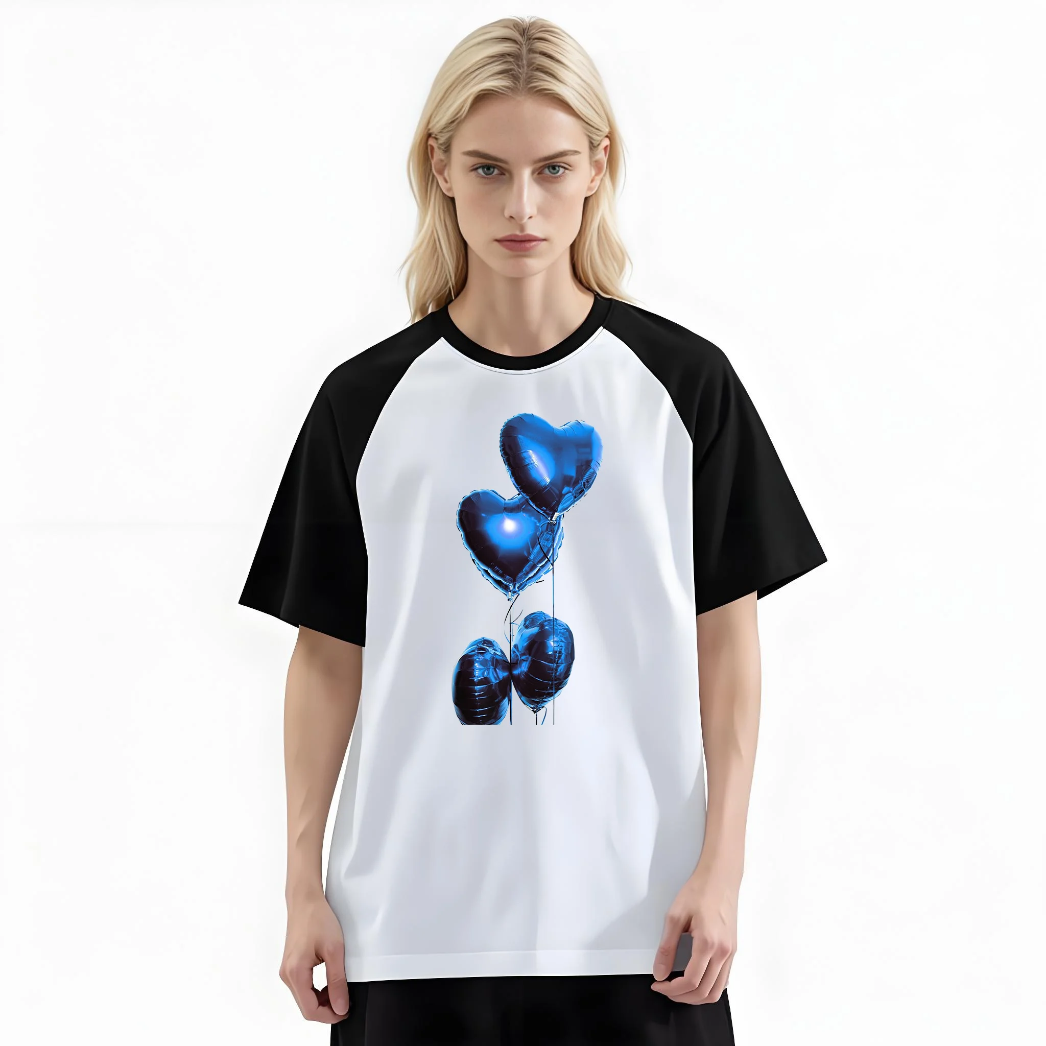 Women'S Fashion Raglan Sleeve T-Shirt, Gradient Blue Heart Balloon Pop Art Printed, Summer Casual Comfortable Tee, Women'S Everyday Short-Sleeve Top