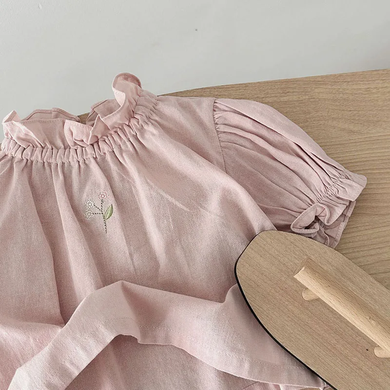 2024 Summer Baby Blouse Lovely Girls Embroidered Flowers Pullover Sweet Infant Ruffled Collar Shirt Toddler Clothing