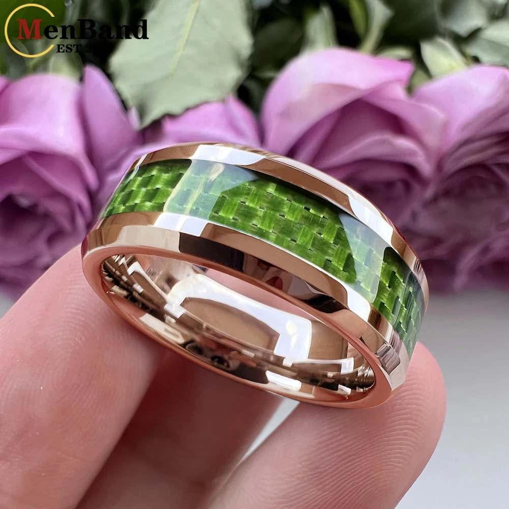 MenBand 6/8mm Tungsten Carbide Rings for Men Women Wedding Band Green Carbon Fiber Inlay Fashion Jewelry Beveled Comfort