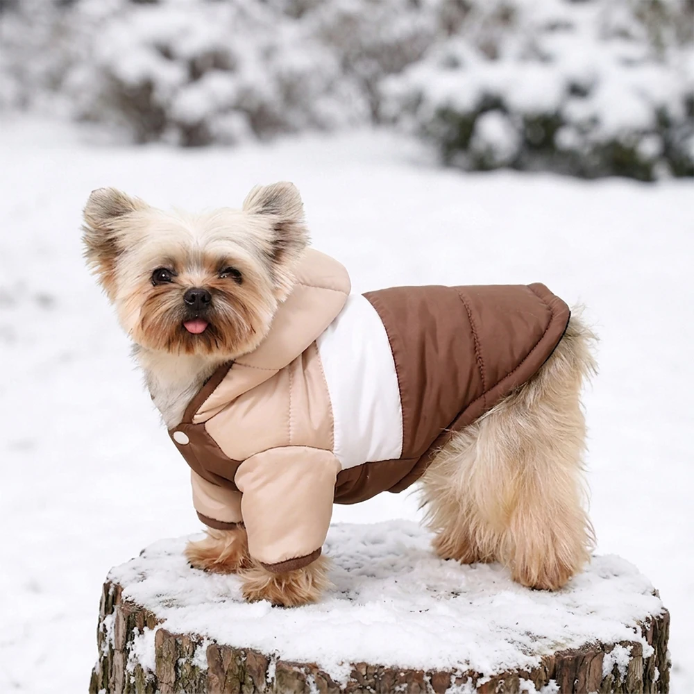 Warme Hundejacke mit Kapuze, Wintermantel für kleine und mittelgroße Hunde, weiche, wattiert Baumwollkleidung für Welpen, winddichtes Outfit mit Leinenloch. – Detail 15