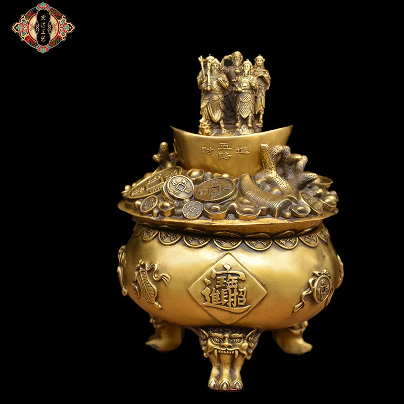 Large Brass Five-Directional God of Wealth Statue Treasure Bowl Incense Burner Relief-crafted copper ornaments