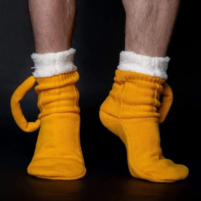 

Winter Christmas Funny 3D Beer Mug Knitted Socks Men's Padded Warm Mid-Calf Socks Women Soft Sleep Floor Socks Woolen Socks Gift