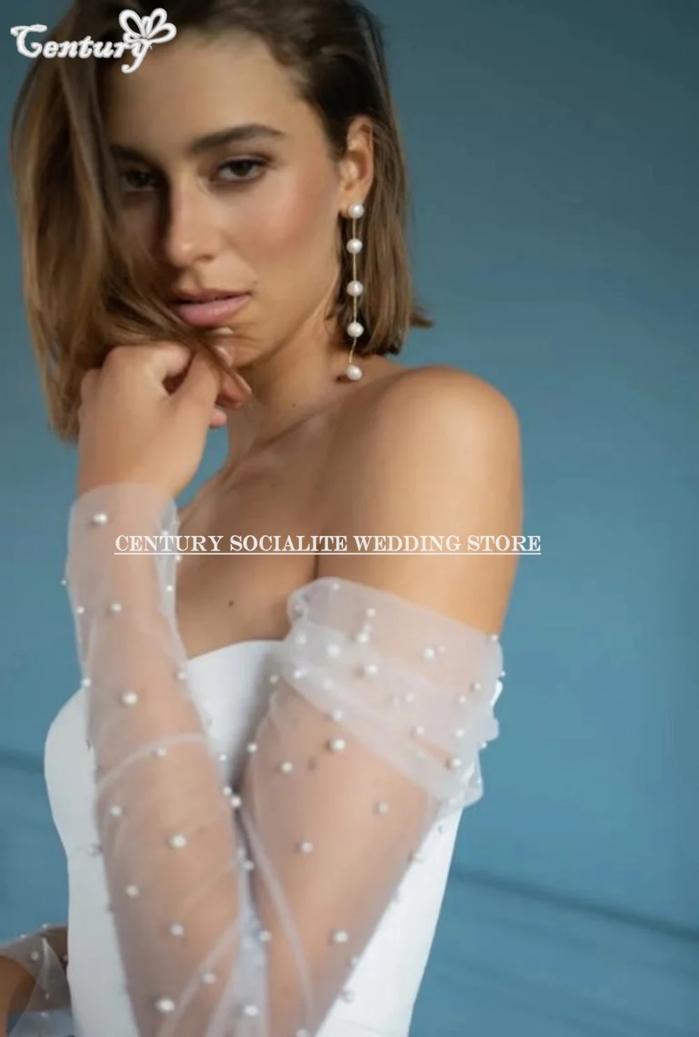 Vestido de novia con hombros descubiertos, vestidos de novia de sirena de manga larga con perlas y abertura lateral, vestidos de novia campestres personalizados