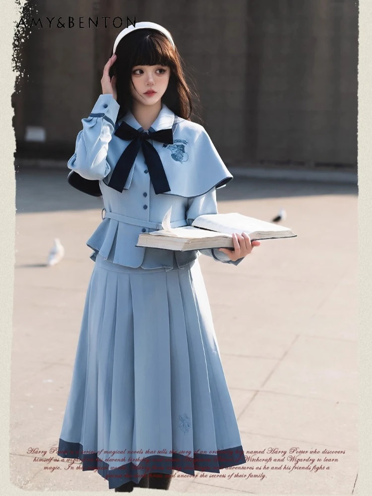 

British Style Elegant Dress Sets Sweet Cartoon Embroidery Cape Coat High Waist Long Skirt Two-Piece Set Women Autumn Winter New