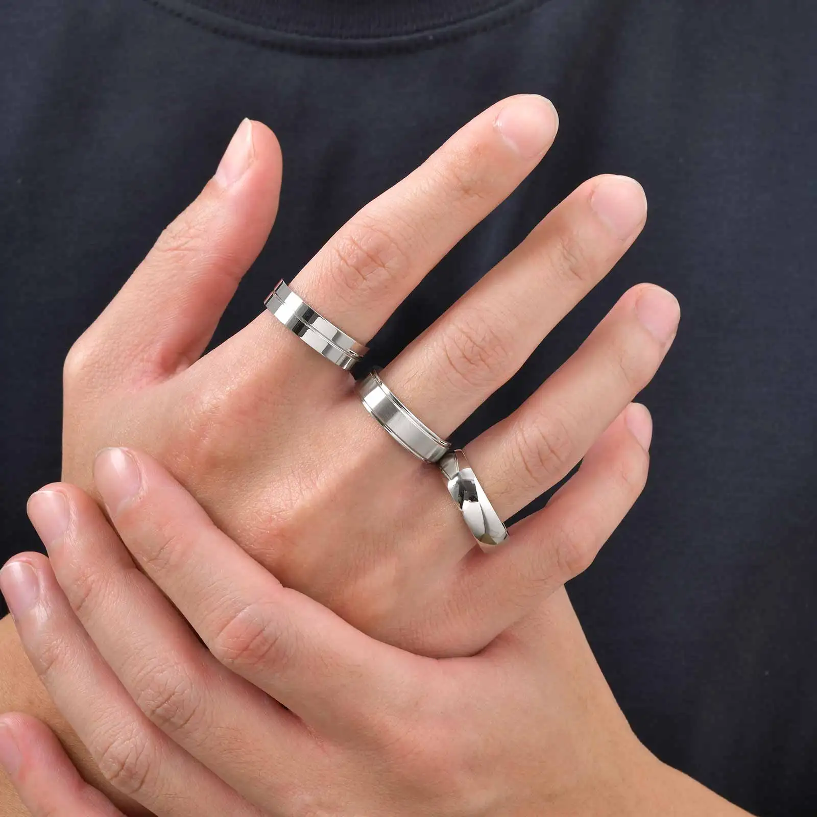 Vnox 3-teiliges Herren-Ringset aus Edelstahl, schwarz, silberfarben, goldfarben, Ehering, Schmuckgeschenk zum Jahrestag, Geburtstag, Party, neu – Detail 15