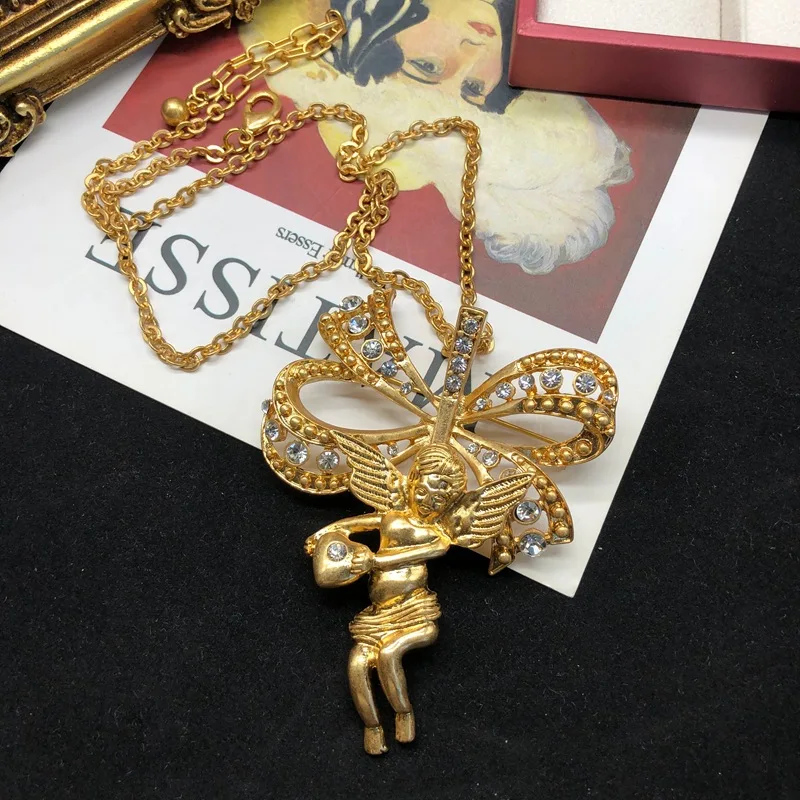 metal necklace real gold-plated long necklace detachable brooch dual-purpose angel diamond retro bow
