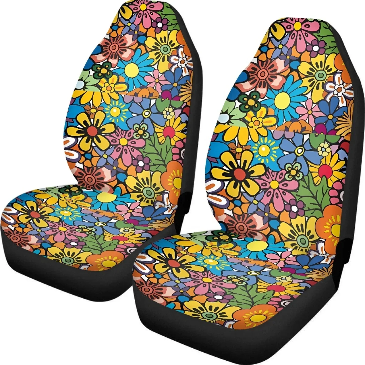 INSTANTARTS Retro Hippie Flower Pattern Universal Car Seat Covers Bucket Front Seat Protector Fit for Most Cars Easy To Intall