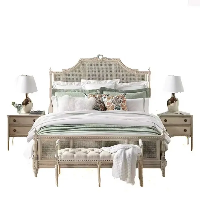 Vintage Bedroom Furniture Wooden Rattan Wicker King Bed