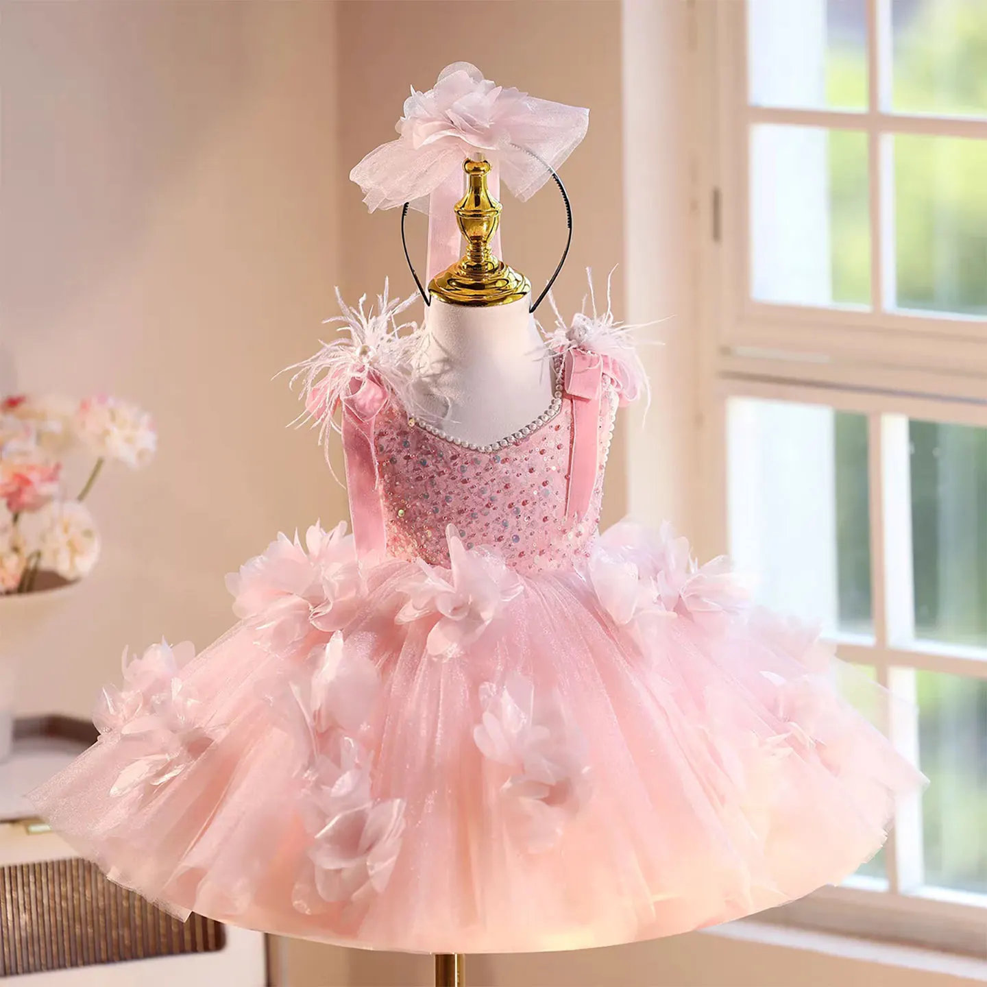 

Dreamy Vow Gorgeous Sleeveless Floral Sequins Decorated Feather Flower Girl Dress For Kids Wedding Birthday Evening Dress D093