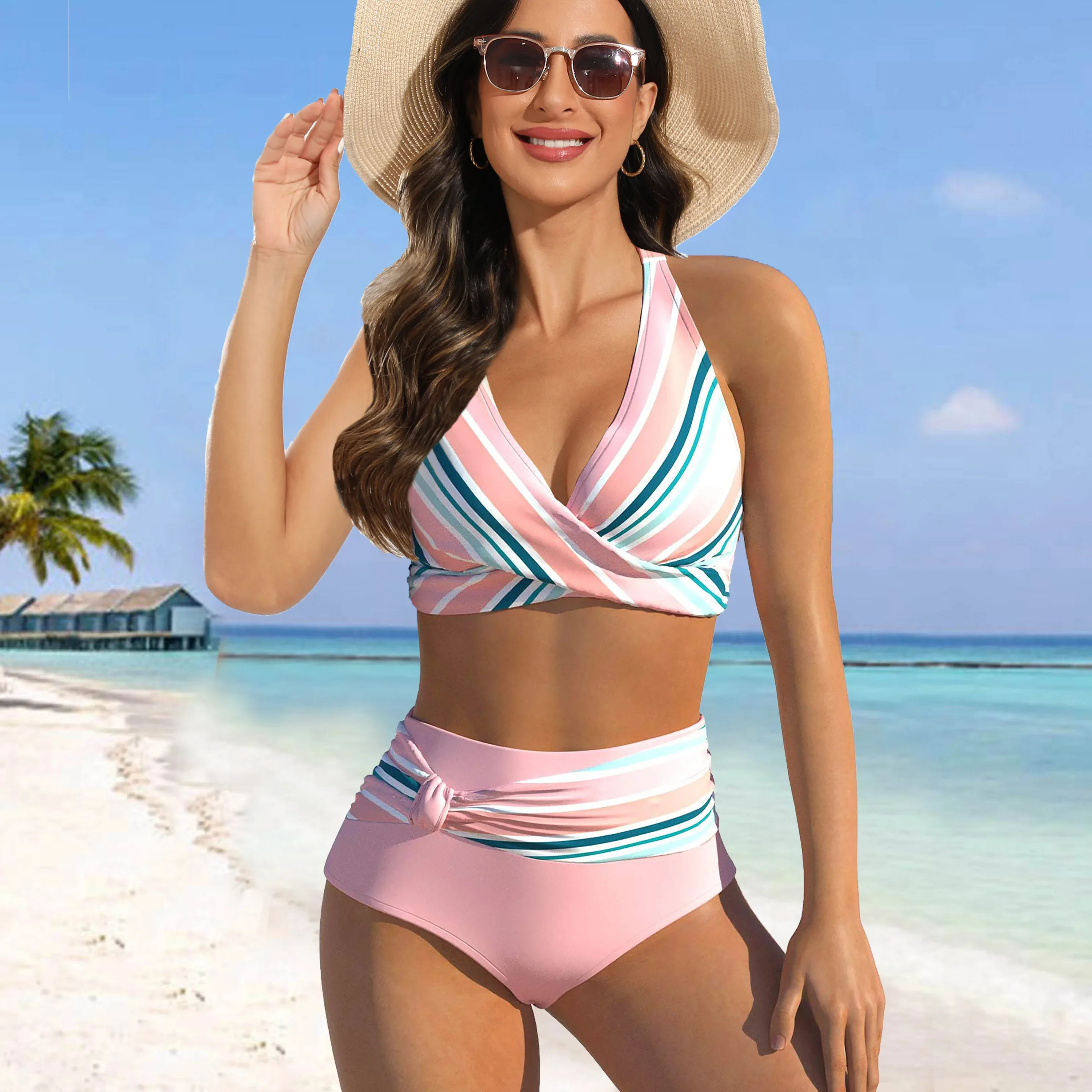 Women's Floral Print Tankini Set, Elegant 2pcs Bikini Swimsuit with Adjustable Straps and High Waist Bottoms Summer Beachwear