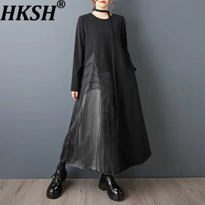 

HKSH весенне-осеннее новое женское платье с круглым вырезом и длинными рукавами в стиле пэчворк, нерегулярная сетка, элегантное повседневное темное платье большого размера HK17919