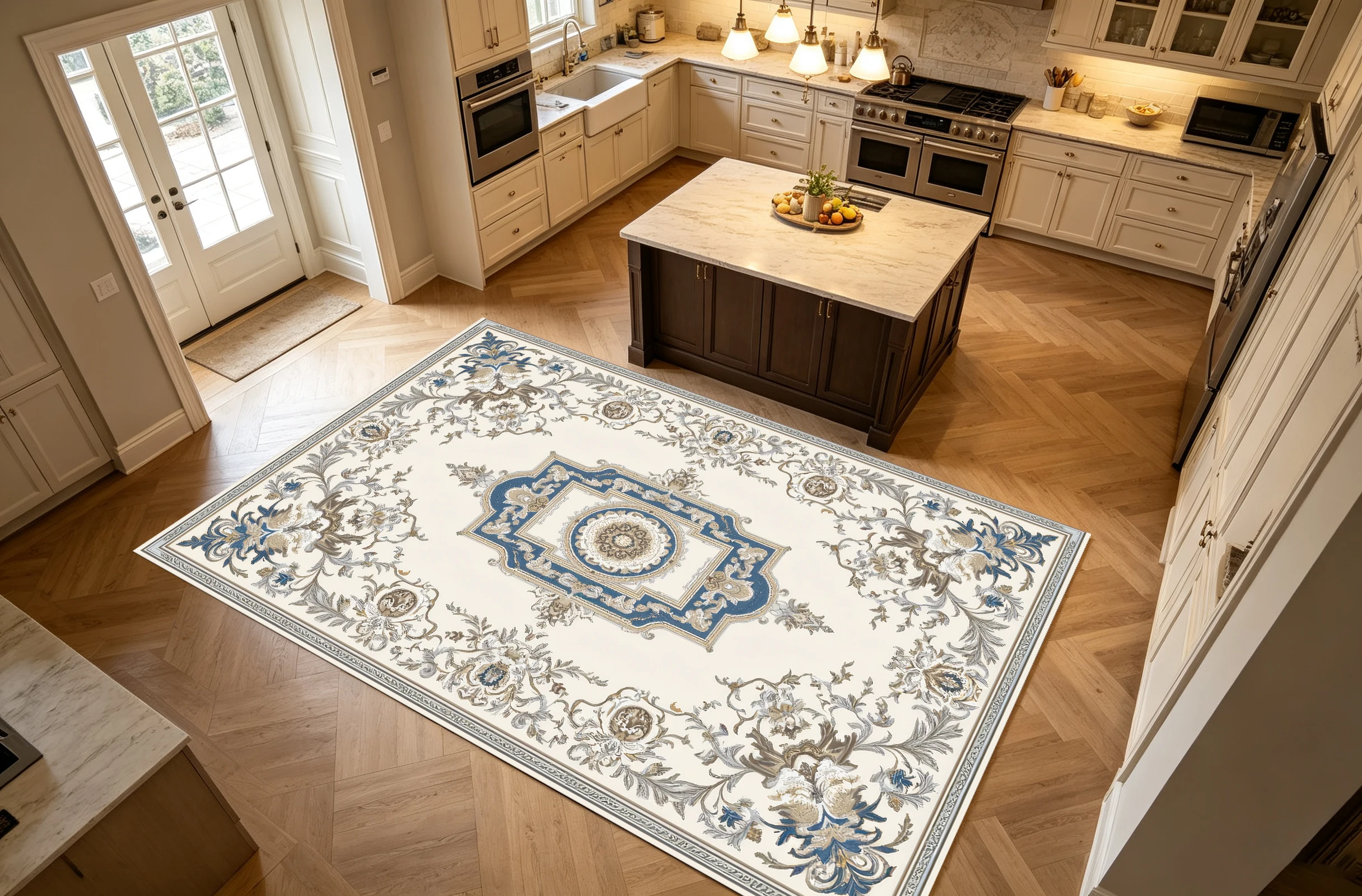 2D Large Carpet in Off-White and Blue Tones, European Retro Style, Soft and Skin-Friendly, Suitable for Living Room and