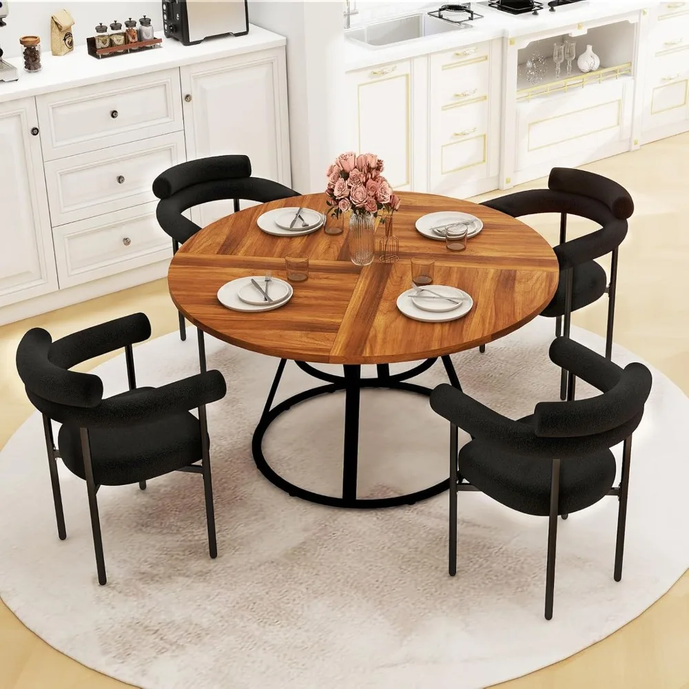 

47” Round Dining Table Set for 4, Small Round Kitchen Table with 4 Boucle Dinner Chairs, Modern Circle 5 Piece Dining Table