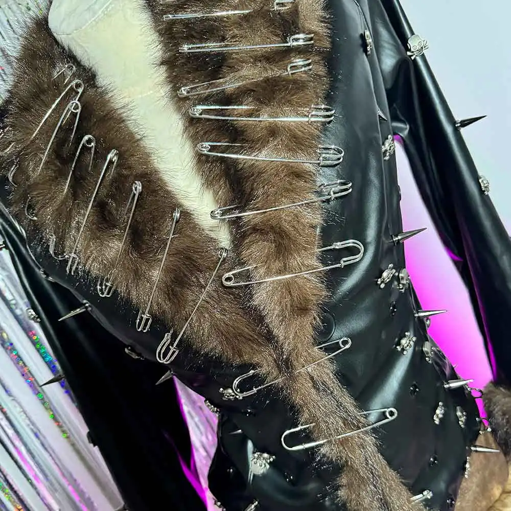 E-Girls لتقوم بها بنفسك Y2K نباتي جلدية فو الفراء سترة معطف القوطي ملابس للنادي دبوس الشرير الصخرة رصع في سن المراهقة الهيب هوب ايمو يدوية الجرونج