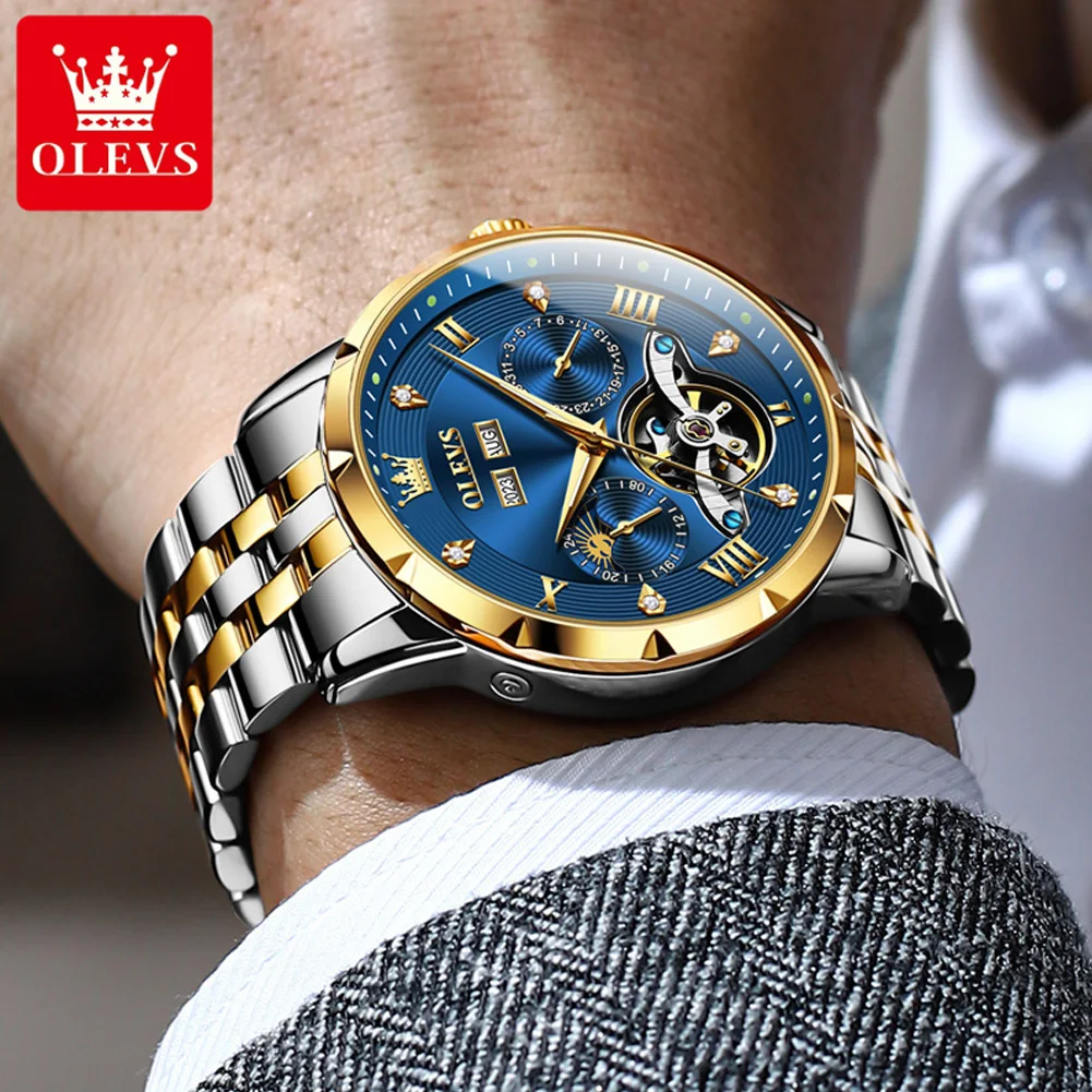 OLEVS Skeleton Multifunctional Men's Watch Automatic Mechanical Luxury Wrist Watch For Men Waterproof Stainless Steel Strap 6691