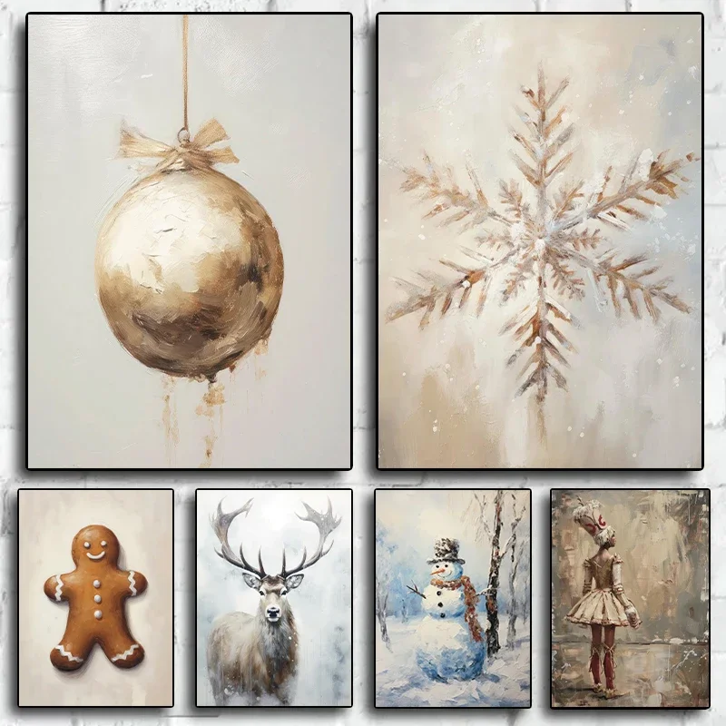 Winter Village Christmas Ornament Snowflake Posters and Prints Canvas Printing Retro Wall Art Picture for Living Room Home Decor