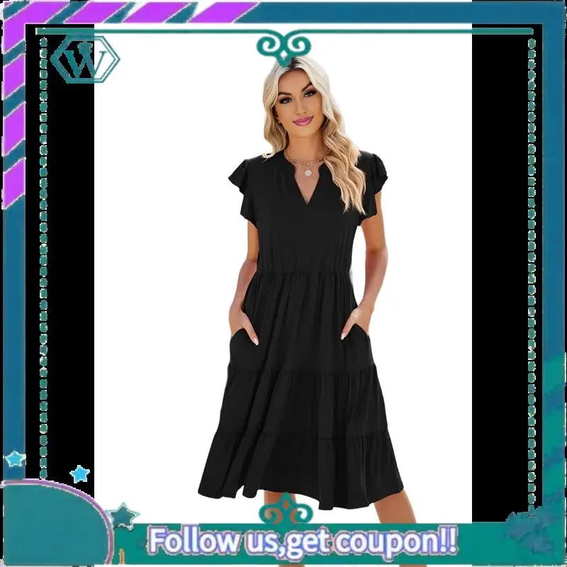 A09P Vestido feminino de verão com babados, manga com decote em V, vestidos midi, moda casual, ajuste flowy, em camadas, boho, praia