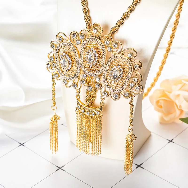 Fatima Algerian Wedding Bride Crystal Necklace Thick Tassel Sweater Chain Arab Caftan Gold Color Necklace Jewelry Free Shipping