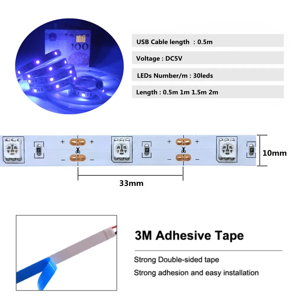 UV LED Strip Light DC5V 5050 SMD 0.5M 1M 2M Backlight Purple USB UV LED Ribbon Ultraviolet Backlight  for DJ Fluorescence