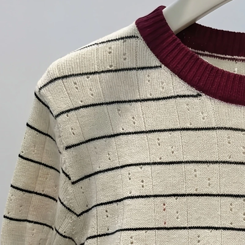 Round Neck Striped Hollow Knit Jumper Women Burgundy Color Block Short Sleeve Soft Stretch Daily Slim Fit Knit Pullover Blouse