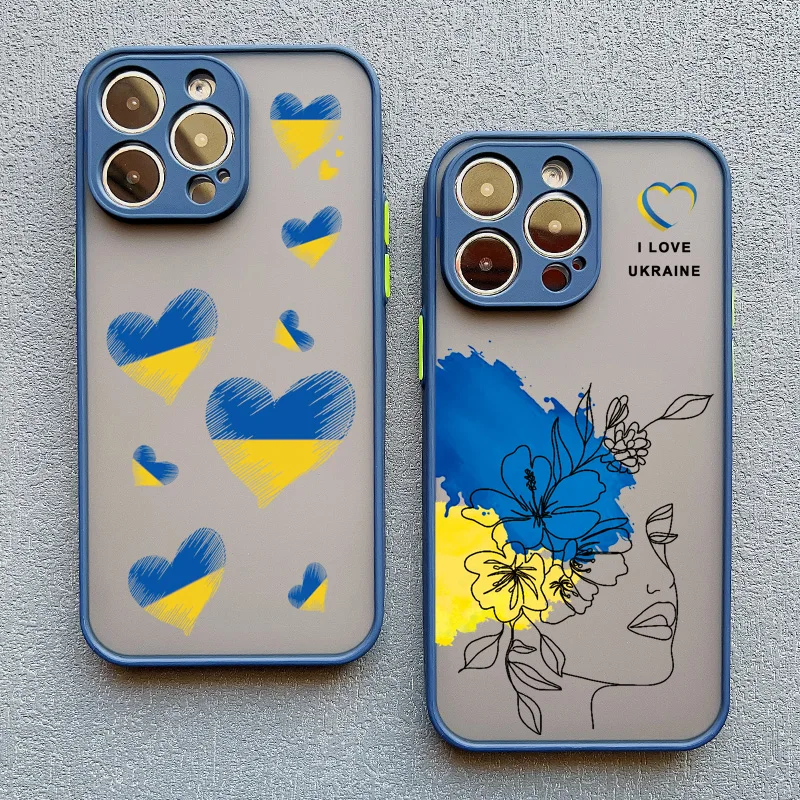 Ukraine Map Flag Love Heart Pattern Phone Case For iphone 15 14 11 12 13 Pro Max Mini X XS XR 7 8 Plus SE2 Blue Shockproof Cover image 2