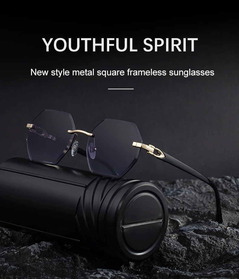 Modische randlose quadratische Sonnenbrille für Damen 2026 – Luxusmarke, sechseckiger Metallrahmen, trendige Outdoor-Sonnenbrille für Frauen – Detail 3