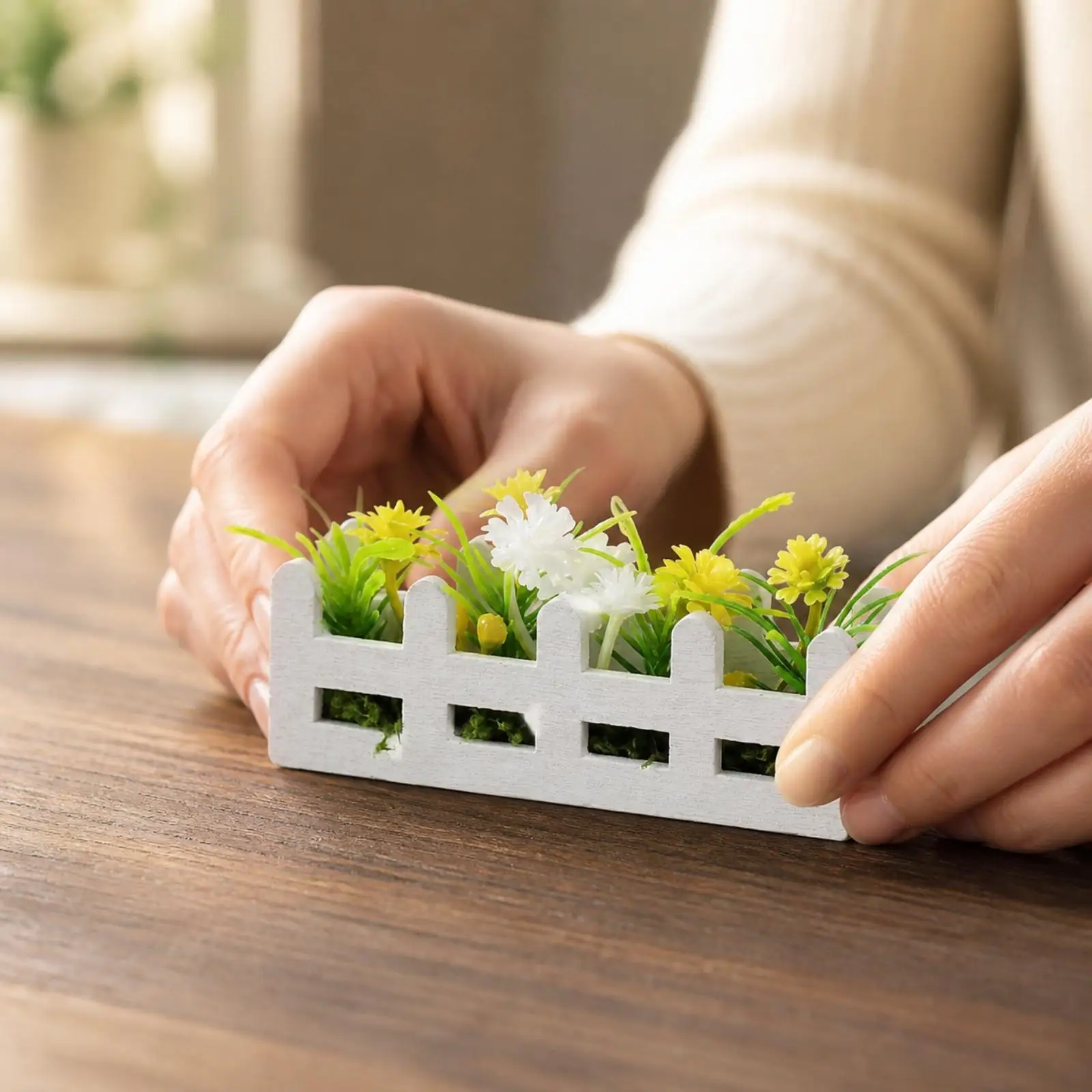 Miniature Garden Planter with Fence Border for BJD Scene Tabletop Decor Small Flower Box Display