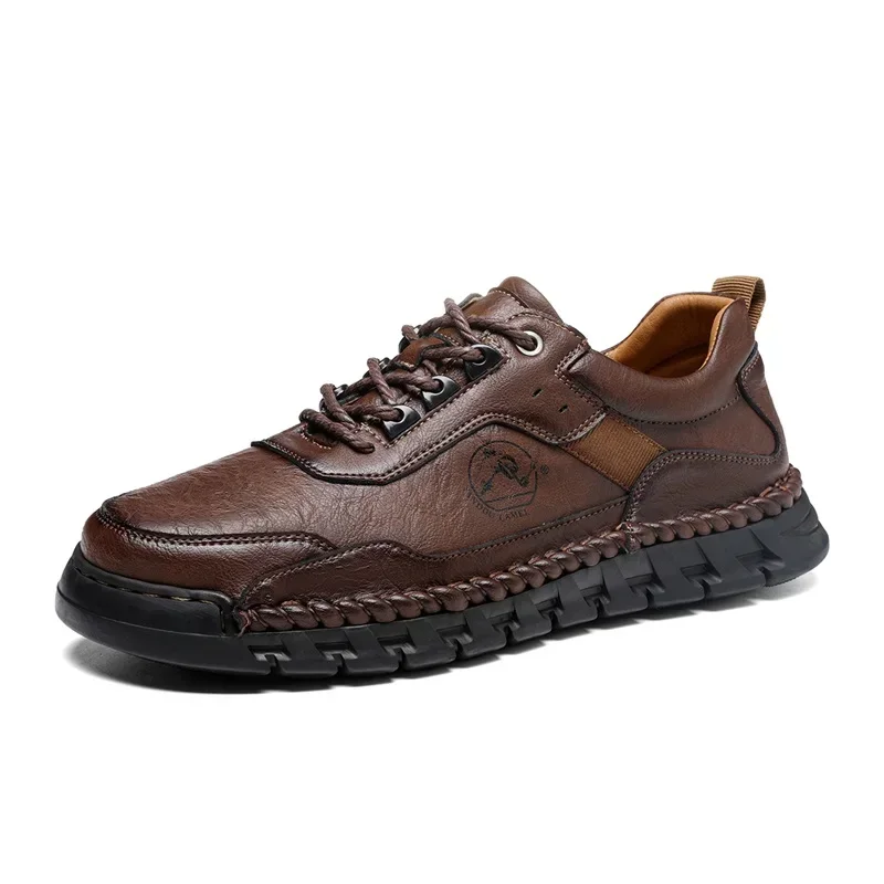 Trendy Men's Casual Leather Shoes Hand-stitched Genuine Leather Outdoor Hiking Shoe Non-slip Wear-resistant Business Casual Shoe