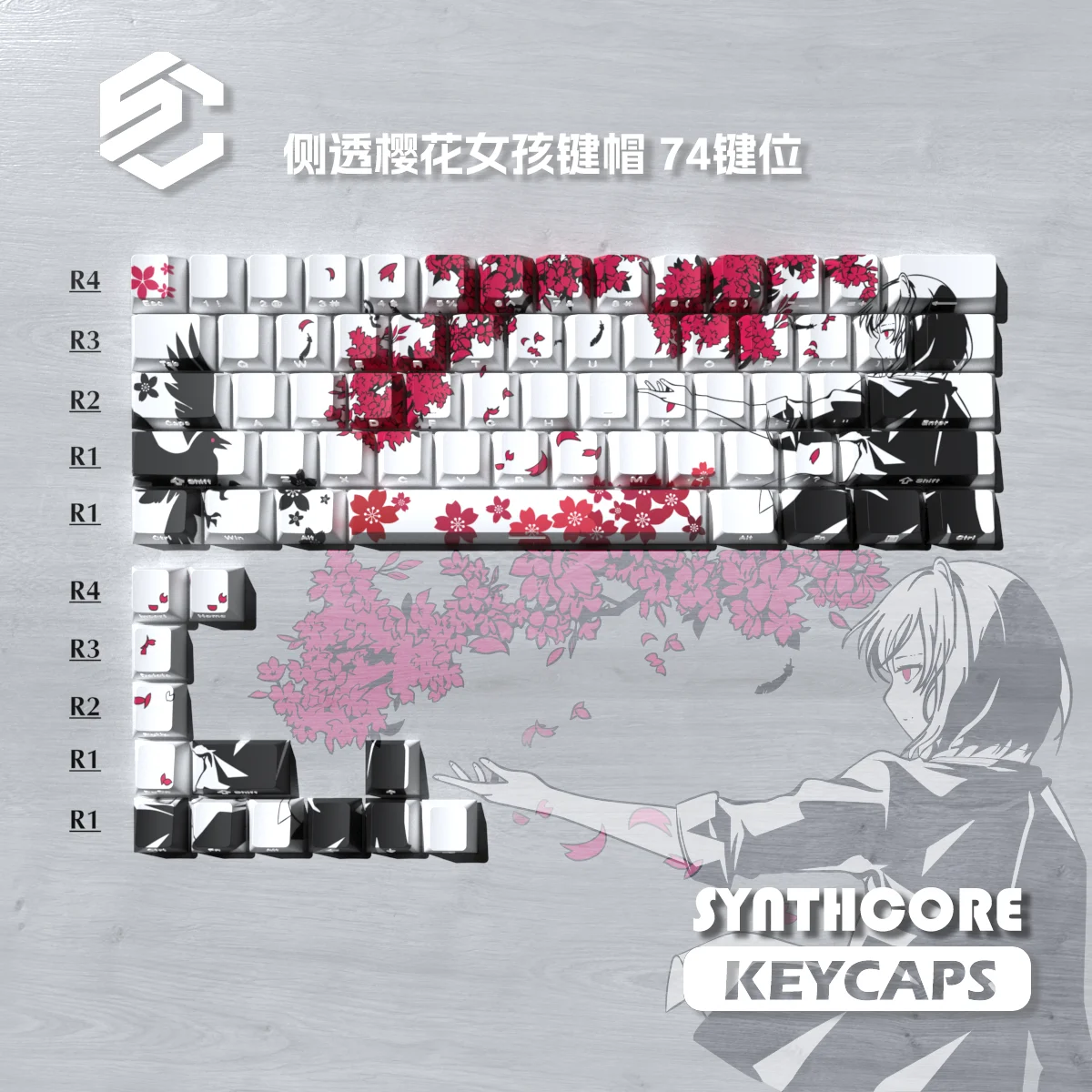 74 Keys Mechanical Keyboard Keycaps Sakura Raven for 60/61/68 Side Engraved Translucent Customized Gaming Keyboard Accessories