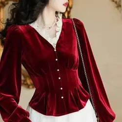 Elegant V-Neck Button Spliced Folds Lace Ruffles Blouse Women Clothing Autumn New Loose Casual Pullovers Office Lady Shirt