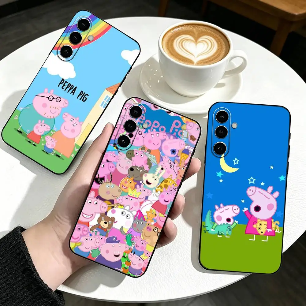 Capa de telefone rosa com desenho animado P-Peppa Pig para Samsung Galaxy A73, A72, A71, A70, A53, A52, A51, capa preta de silicone macio