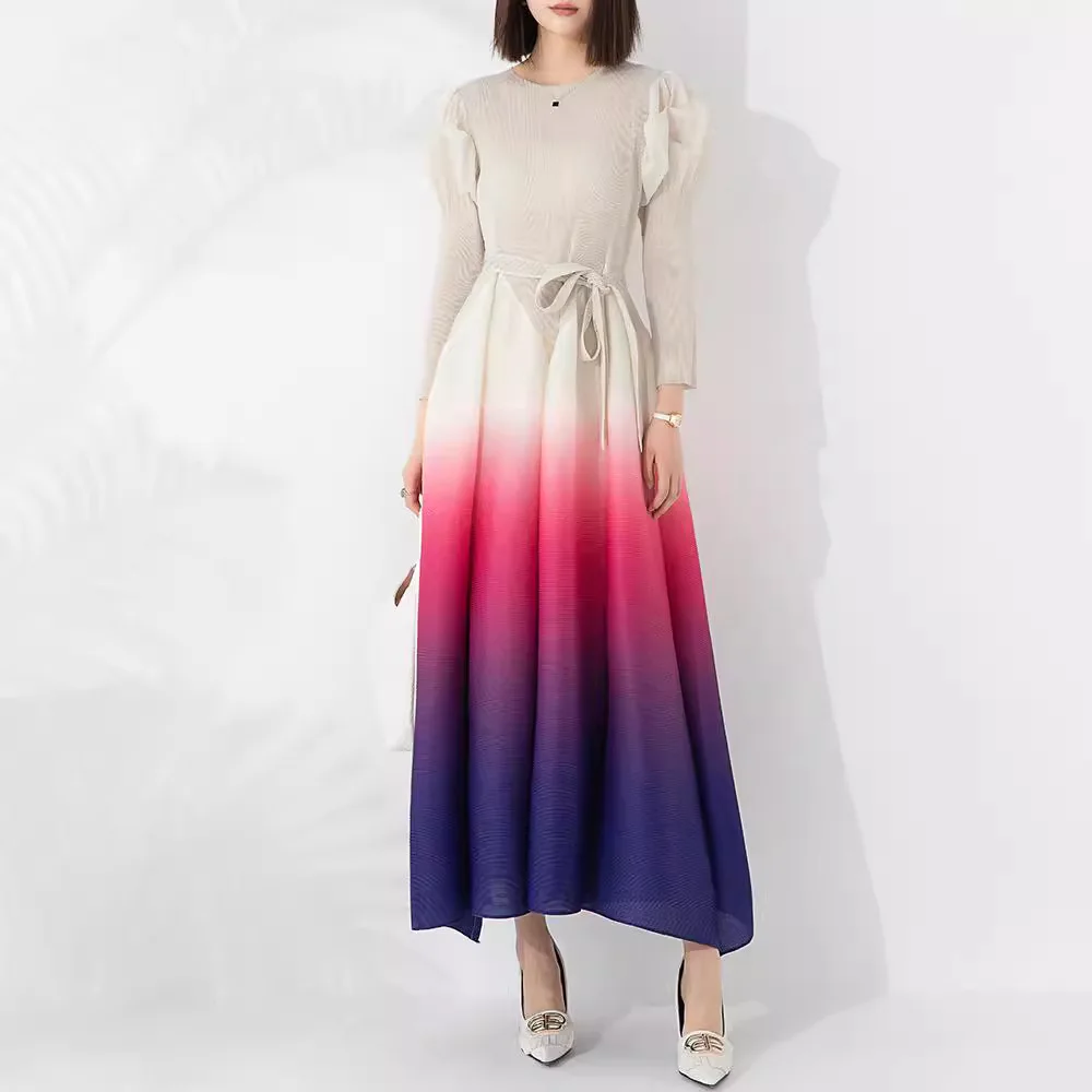 

Miyake Style Pleated Elegant Dress Women 2024 Autumn New Large Size Women's Puff Sleeves Fashion High-end Gradient Long Skirt