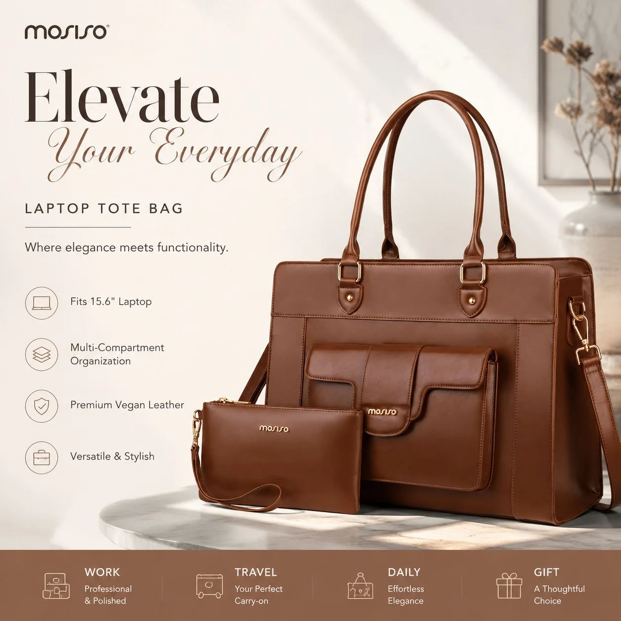 MOSISO Laptop Tote Bag for Women 15.6 inch PU Leather Waterproof Large Leather Work Purse Shoulder for Business Office Brown