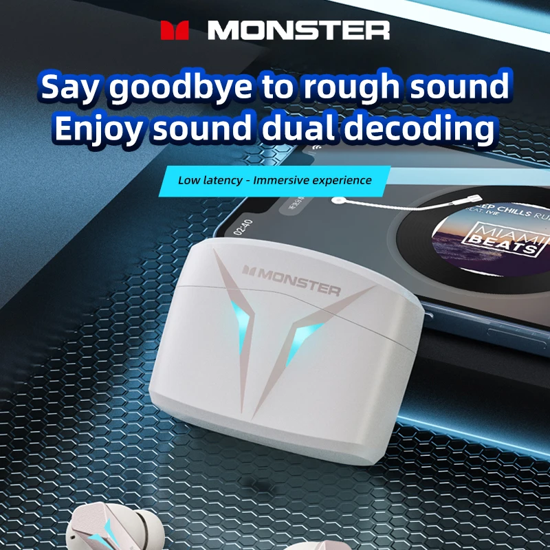 Monster XKT06 Gaming Earbuds Wireless Bluetooth 5.2 Earphones TWS Bass HIFI Stereo Sound Long Standby Headphones With Mic 300mAh