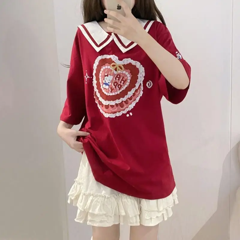 Summer Girls Pure Cotton Casual Short Sleeves T-Shirt Hello Kitty Original Homemade Cute Cartoon Loose Soft Girl Short Sleeves