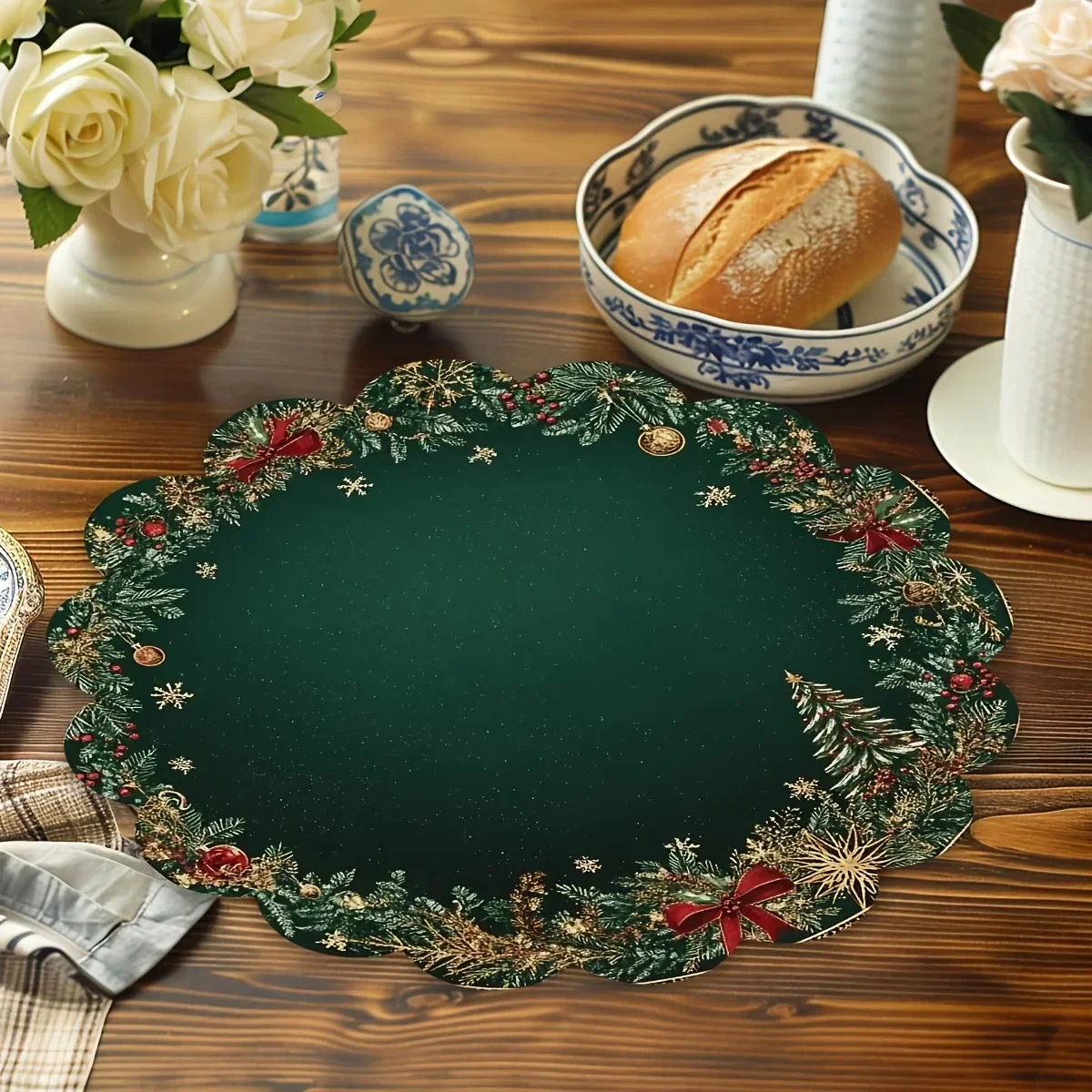 4/6 Stück Runde 38cm Tischsets für Esstische, Weihnachtliche Smaragdgrüne Goldmuster-Tischmatten, Ideal für Weihnachten – Detail 3