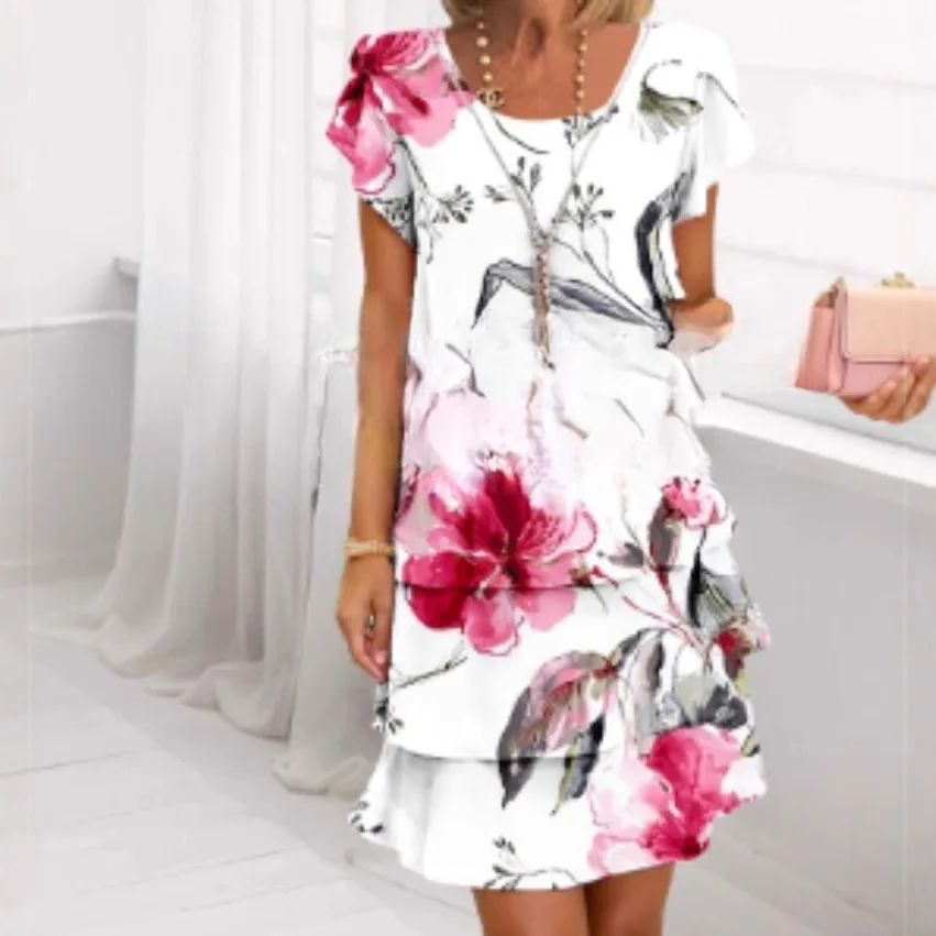 2025 primavera chique floral impressão chiffon vestido mulher elegante tripulação pescoço em camadas vestido plissado verão manga curta a linha vestido de festa