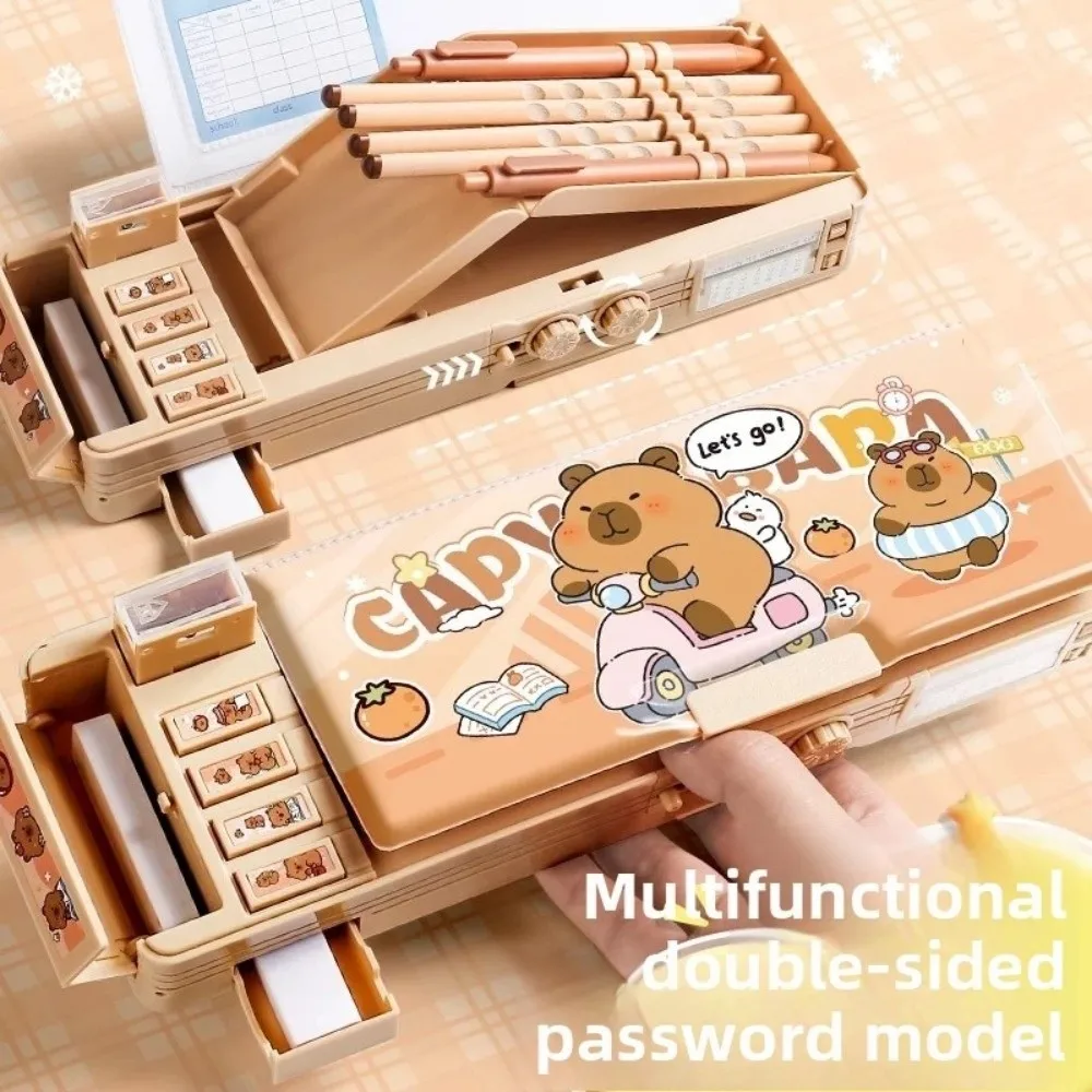 

Многофункциональный пенал-капибара с большой вместимостью, мультяшный дизайн, с кодовым замком, коробка для канцелярии, точилка для карандашей и калькулятор