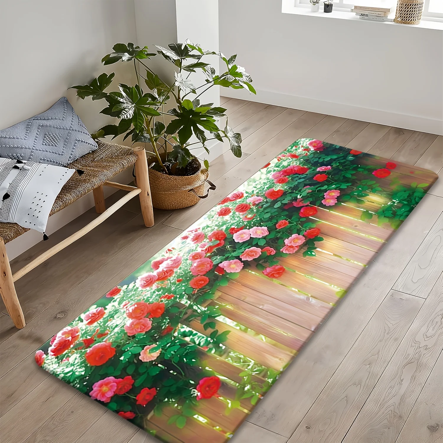 Garden Rose Wood Fence Runner Mat Anti Slip Water Absorbent Rug Rustic Floral Decor Carpet Kitchen Bedroom Bathroom Home Entry