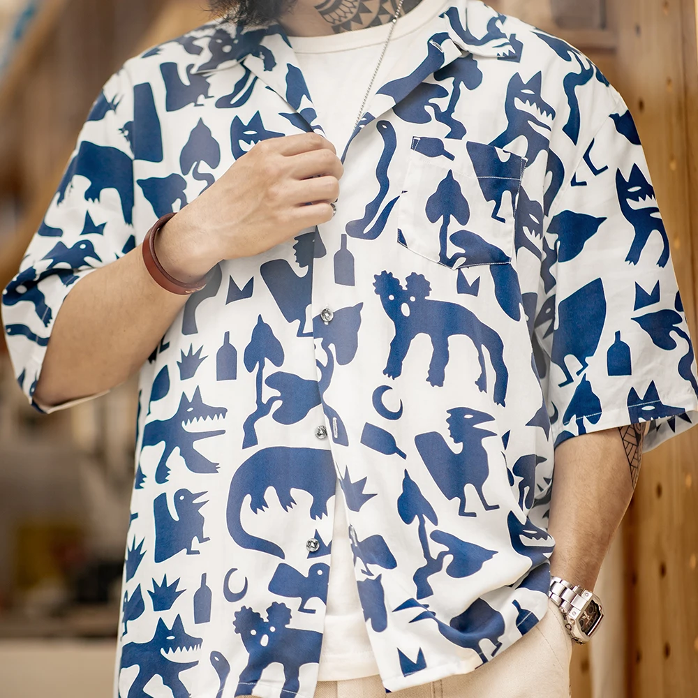 

Maden Vintage Indian Totem Shirts Summer Unisex Shirt Animal Graffiti Short-sleeved Vacation Beach Shirt Casual Tops Couple Tees